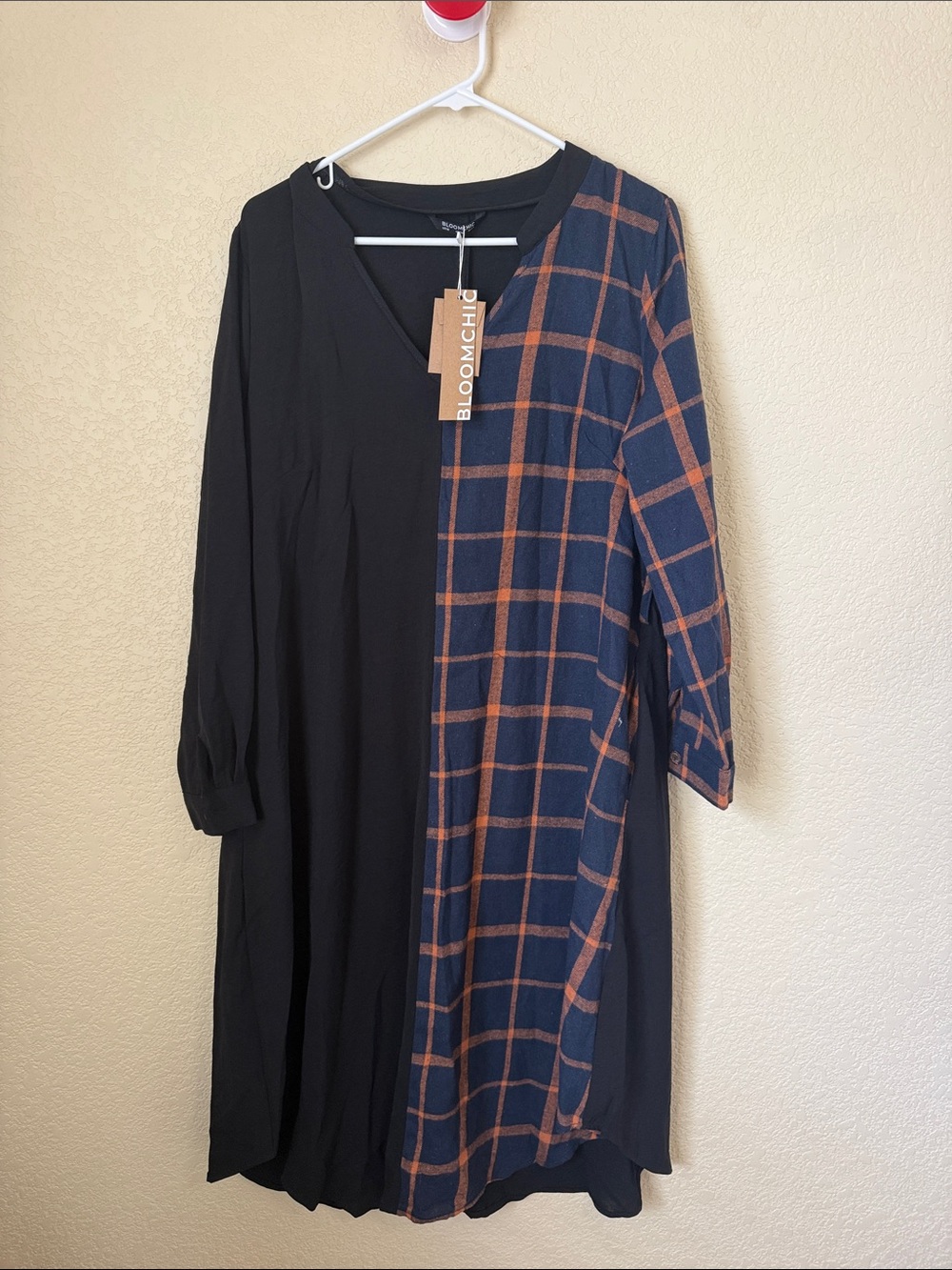 BloomChic Black & Navy Plaid Split-Panel Long Sleeve Dress